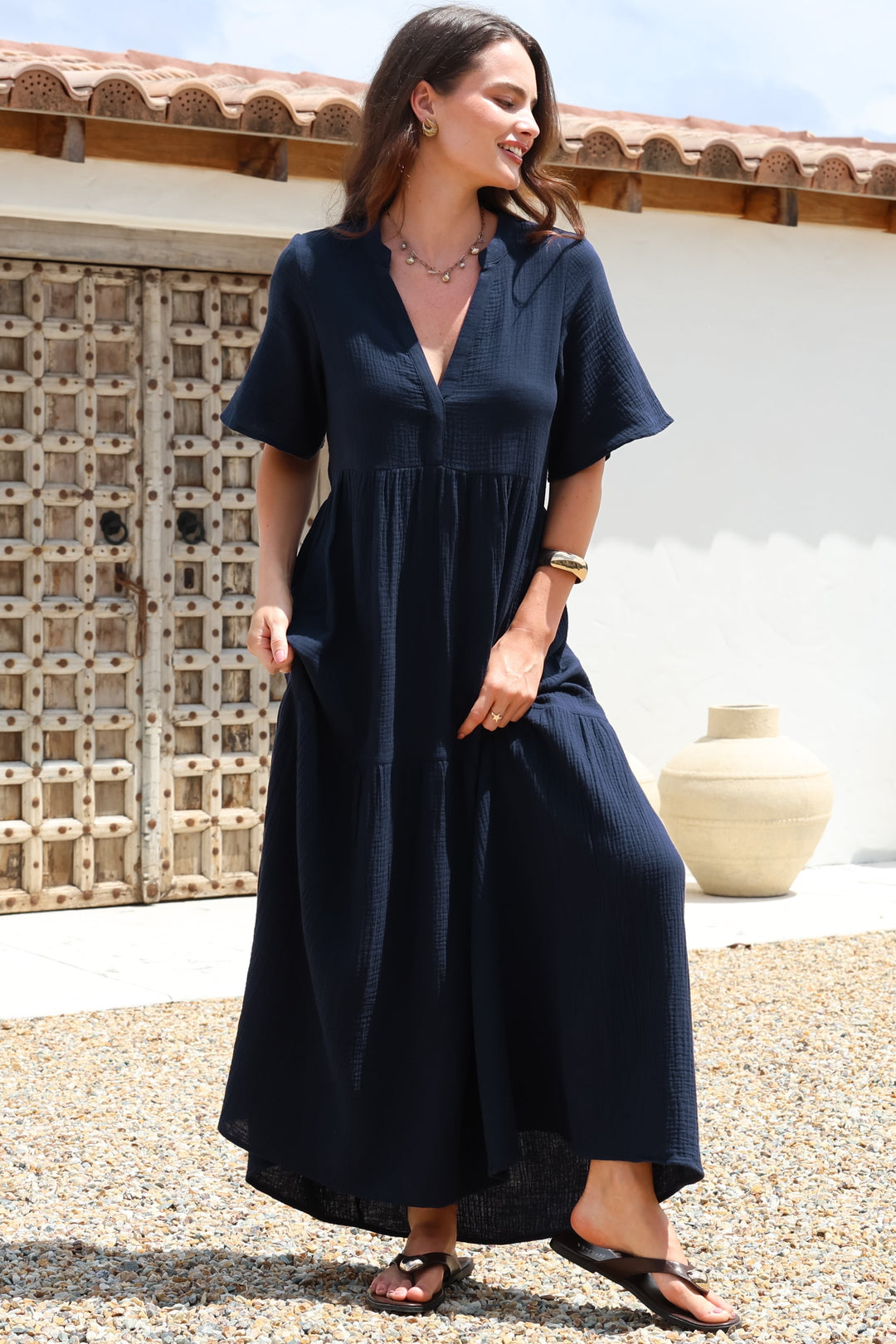 Laysa Maxi Dress - Mandarin Collar Short Sleeve Dress in Navy