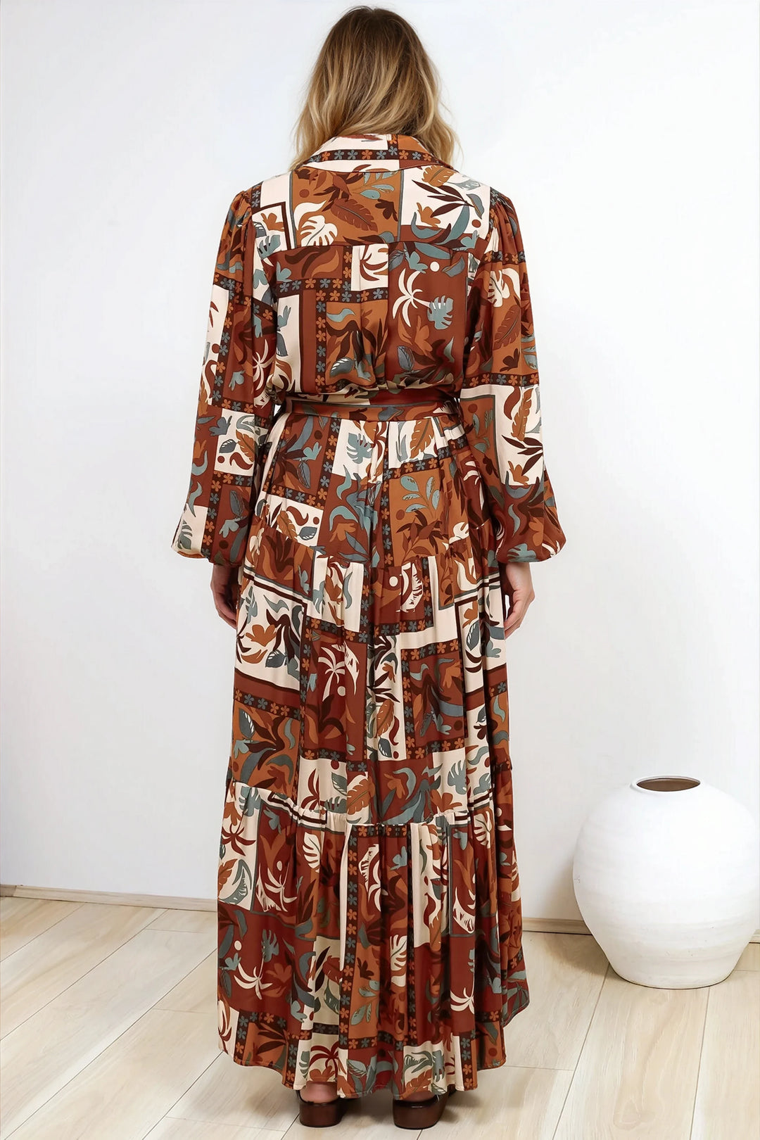 Luxley Maxi Dress - Collared Button Down Shirt Dress with Matching Belt in Jaya Muse Print