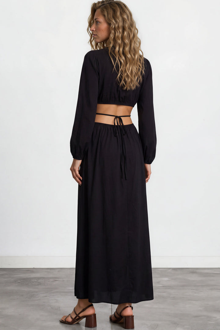 Mackenzie Maxi Dress - Deep V Neckline Dress With Cut Out Waist Detail in Black