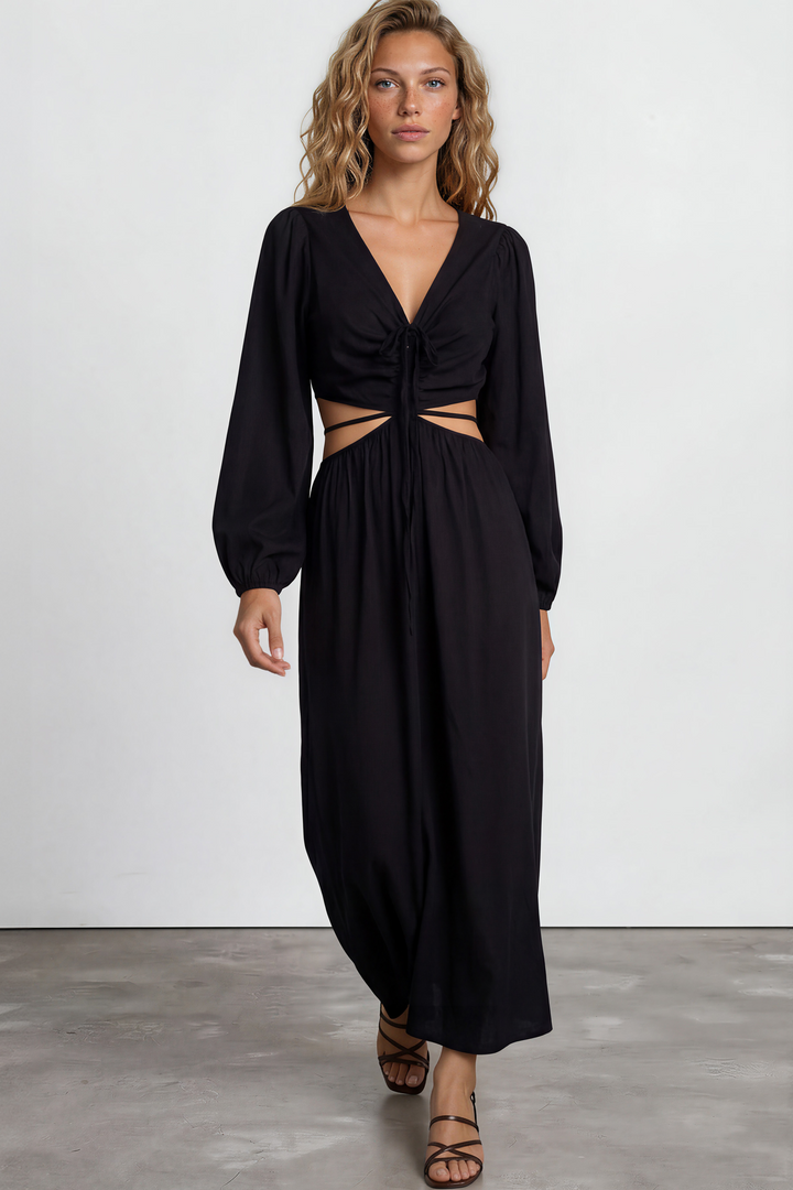Mackenzie Maxi Dress - Deep V Neckline Dress With Cut Out Waist Detail in Black