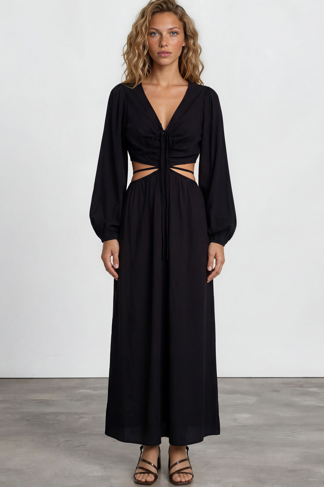 Mackenzie Maxi Dress - Deep V Neckline Dress With Cut Out Waist Detail in Black