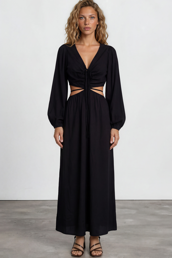 Mackenzie Maxi Dress - Deep V Neckline Dress With Cut Out Waist Detail in Black