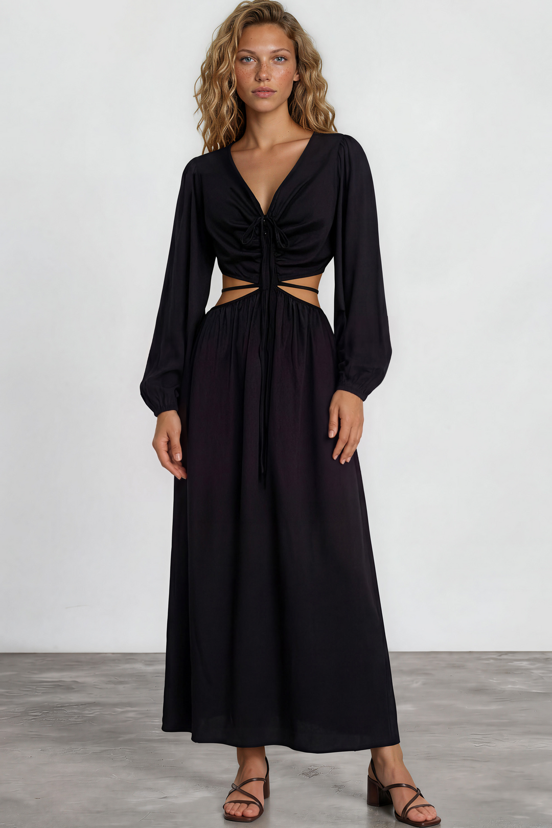Mackenzie Maxi Dress - Deep V Neckline Dress With Cut Out Waist Detail in Black
