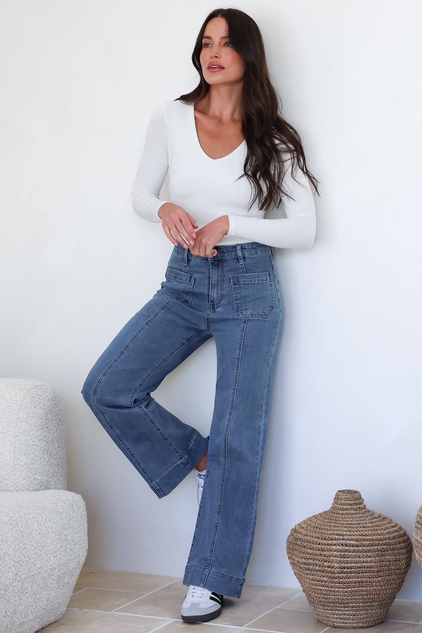 Marsha Jeans - High Waisted Wide Leg Jean with Front Seam Detail in Mid Denim Wash