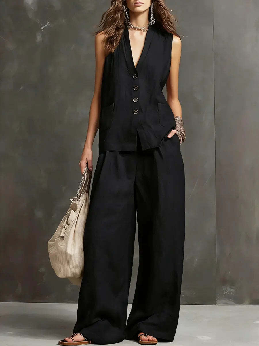 Two-piece cotton and linen outfit with sleeveless vest and wide-leg pants