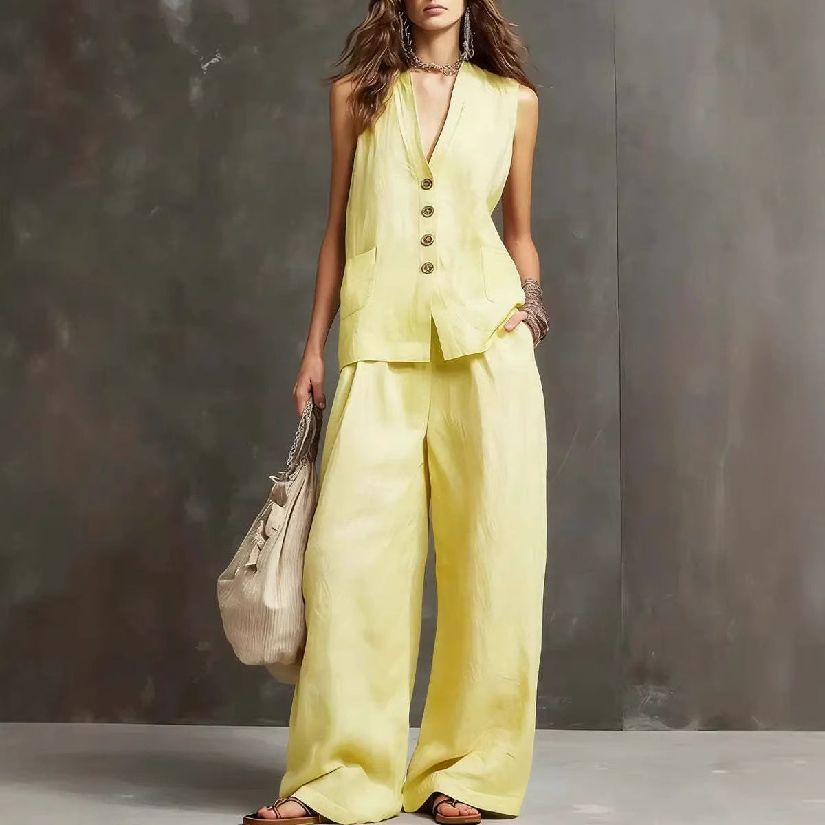 Two-piece cotton and linen outfit with sleeveless vest and wide-leg pants