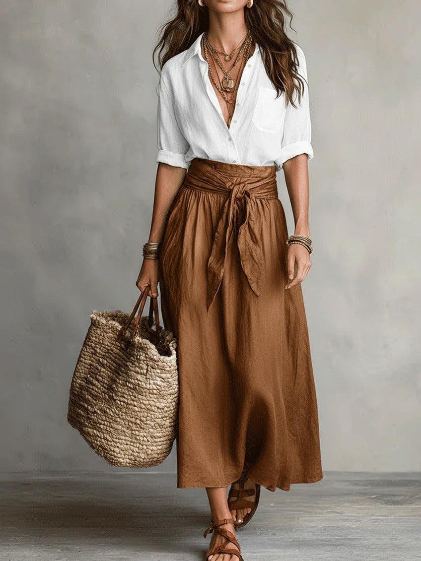 Vera – Two-Piece Set: Black T-Shirt and Olive Green Midi Skirt