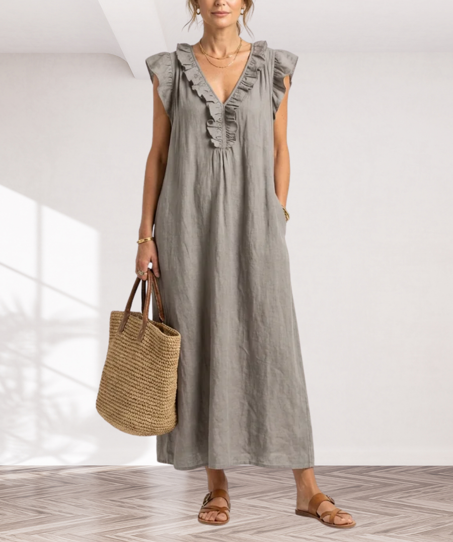 Josette | Ruffle V-Neck Linen Maxi Dress