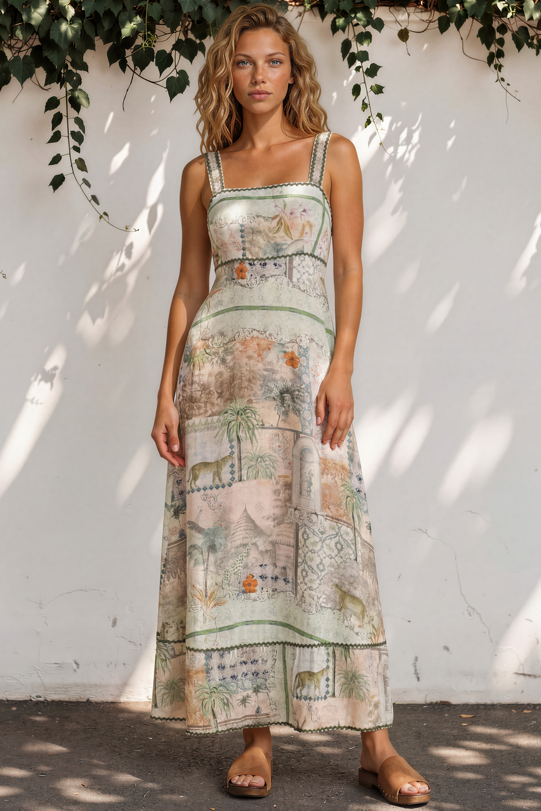 Poppy Maxi Dress - Thick Strap A-Line Sun Dress with Ric Rac Trims in Tempest Print