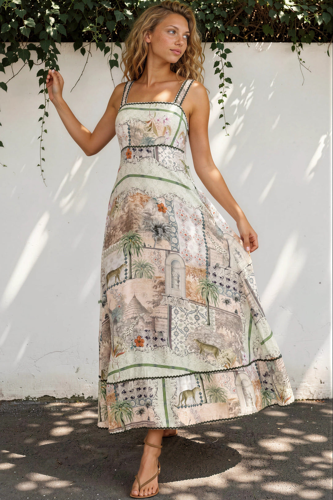 Poppy Maxi Dress - Thick Strap A-Line Sun Dress with Ric Rac Trims in Tempest Print