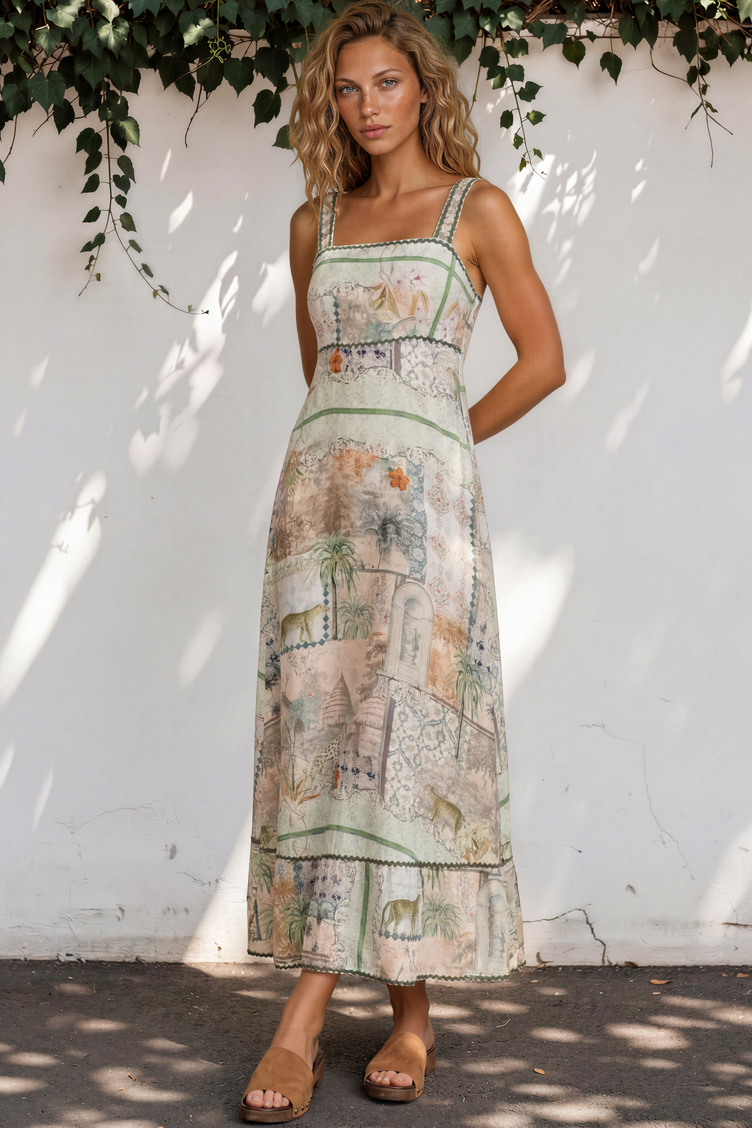 Poppy Maxi Dress - Thick Strap A-Line Sun Dress with Ric Rac Trims in Tempest Print