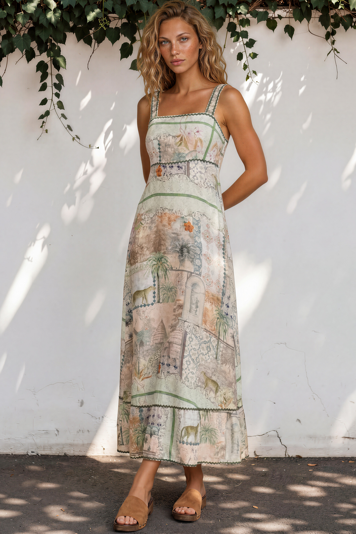 Poppy Maxi Dress - Thick Strap A-Line Sun Dress with Ric Rac Trims in Tempest Print