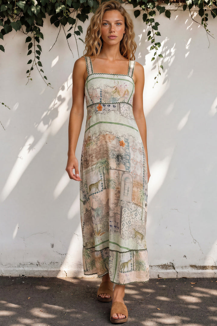 Poppy Maxi Dress - Thick Strap A-Line Sun Dress with Ric Rac Trims in Tempest Print