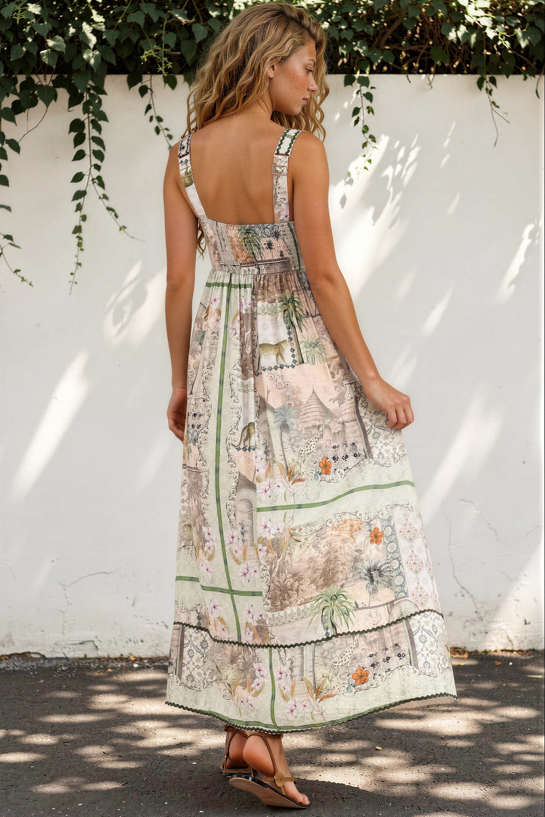 Poppy Maxi Dress - Thick Strap A-Line Sun Dress with Ric Rac Trims in Tempest Print