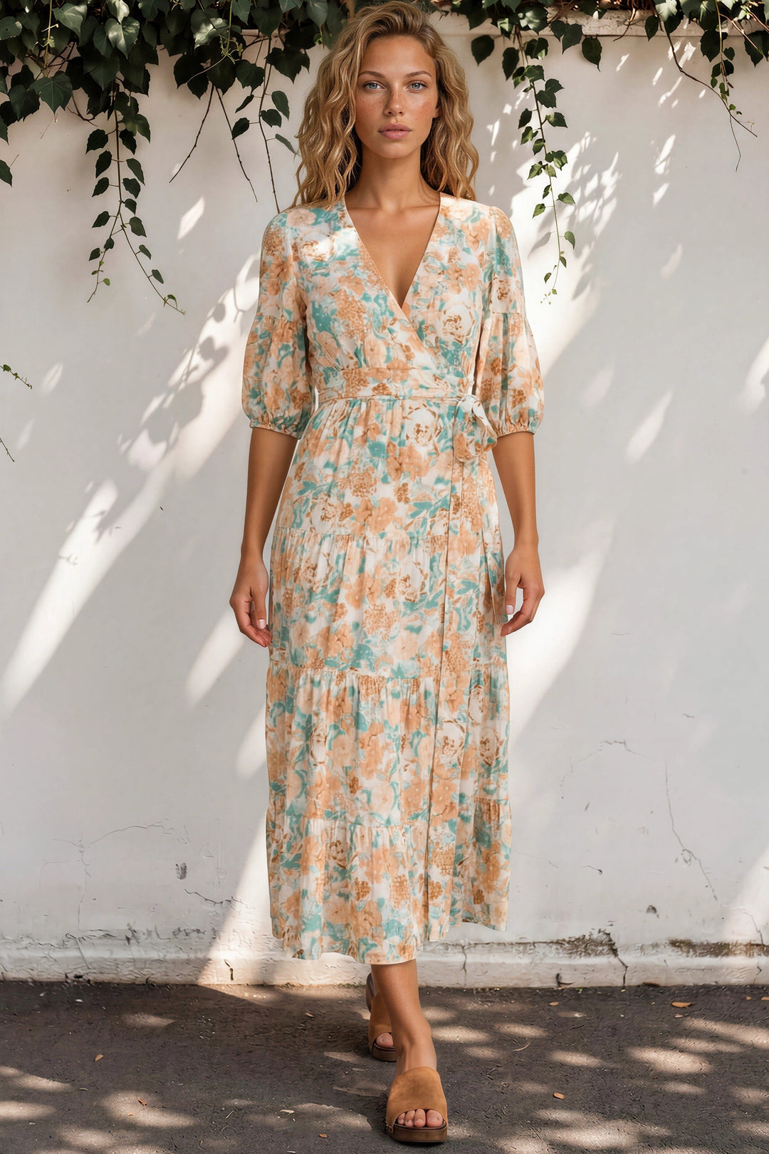 Thianna Wrap Maxi Dress - V Neck 3/4 Sleeve Tiered Wrap Dress in Begonia Print