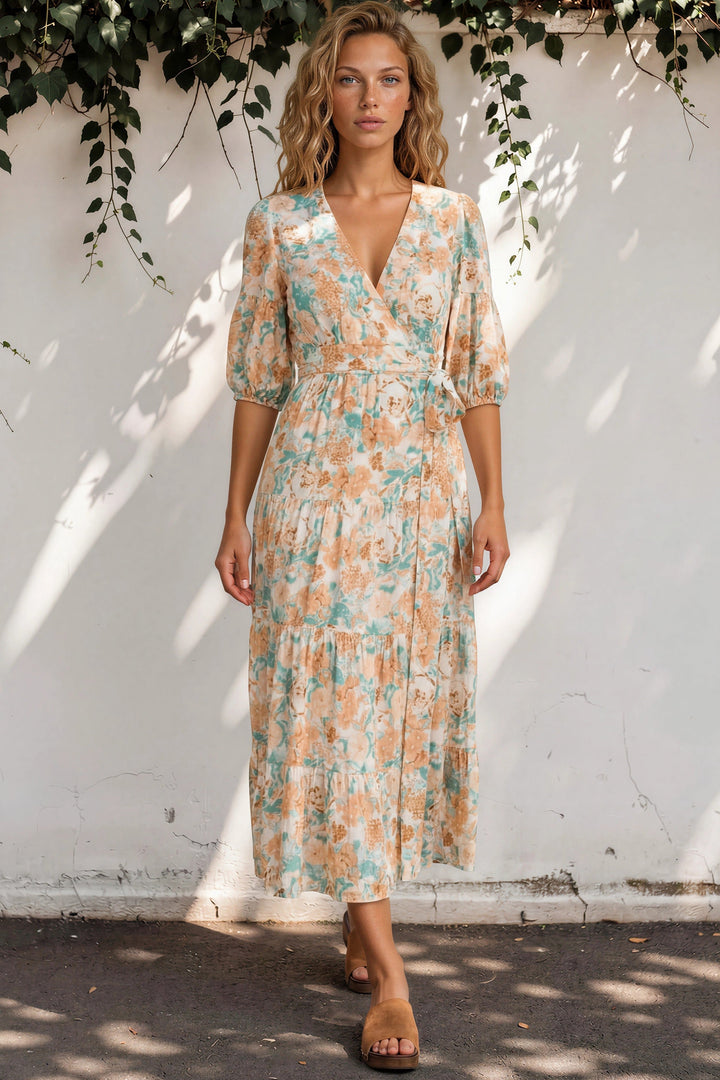 Thianna Wrap Maxi Dress - V Neck 3/4 Sleeve Tiered Wrap Dress in Begonia Print