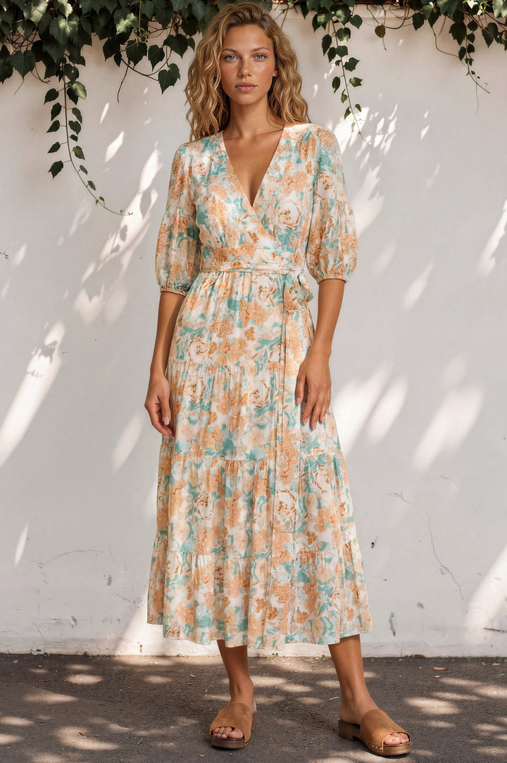 Thianna Wrap Maxi Dress - V Neck 3/4 Sleeve Tiered Wrap Dress in Begonia Print