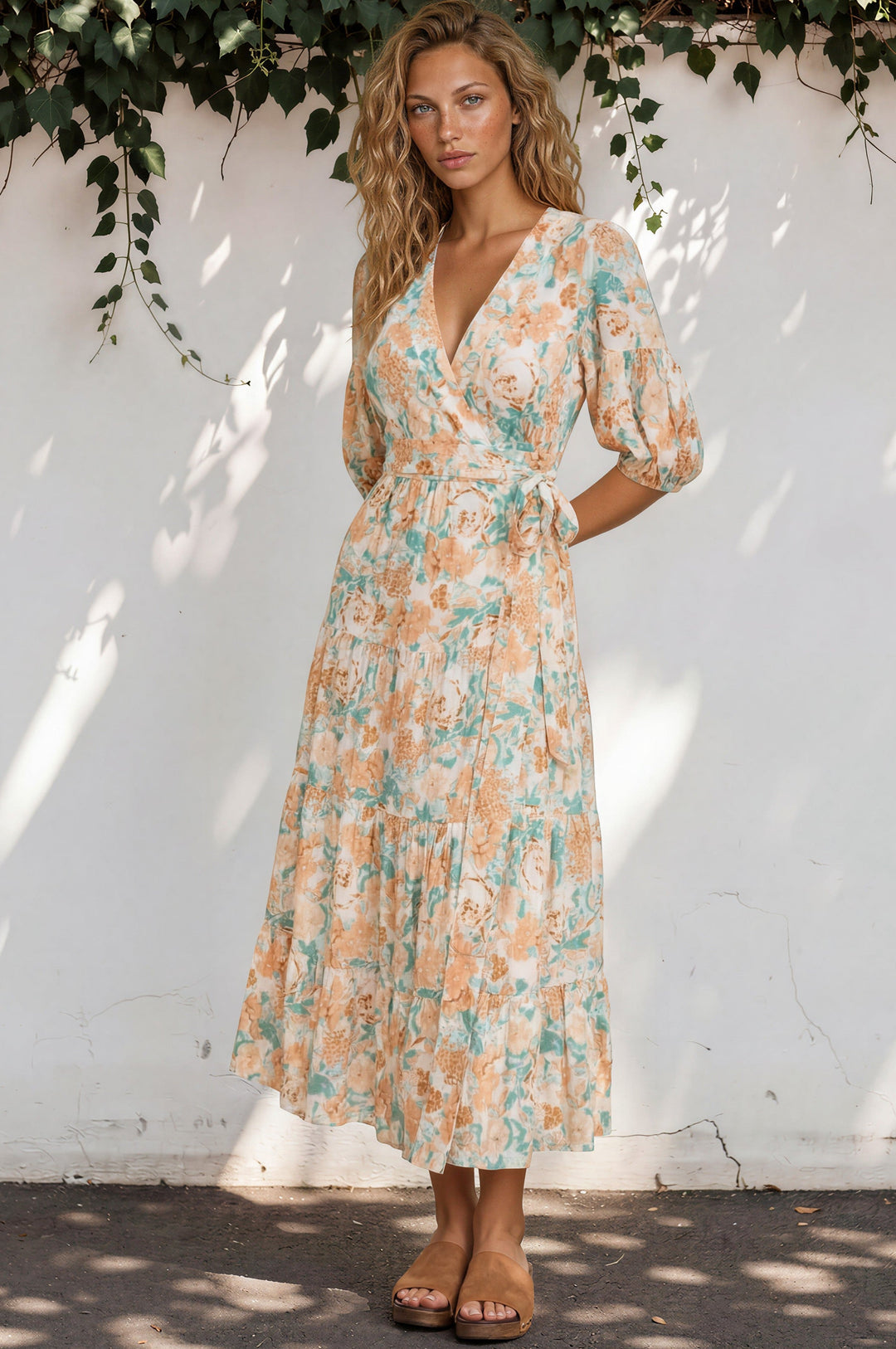 Thianna Wrap Maxi Dress - V Neck 3/4 Sleeve Tiered Wrap Dress in Begonia Print