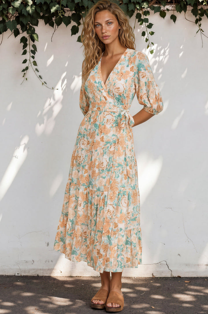 Thianna Wrap Maxi Dress - V Neck 3/4 Sleeve Tiered Wrap Dress in Begonia Print
