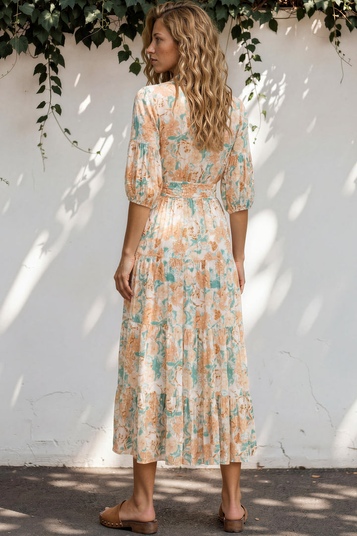 Thianna Wrap Maxi Dress - V Neck 3/4 Sleeve Tiered Wrap Dress in Begonia Print