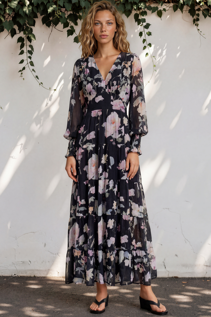 Trina Maxi Dress - Deep V Neck Tiered A-Line Dress with Balloon Sleeves in Bronson Print