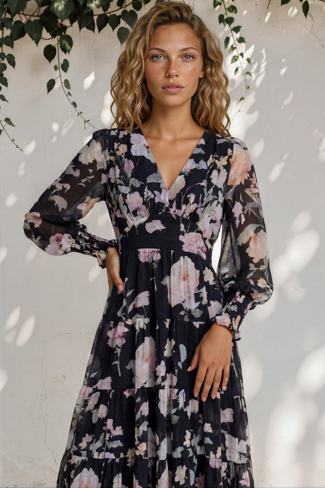 Trina Maxi Dress - Deep V Neck Tiered A-Line Dress with Balloon Sleeves in Bronson Print