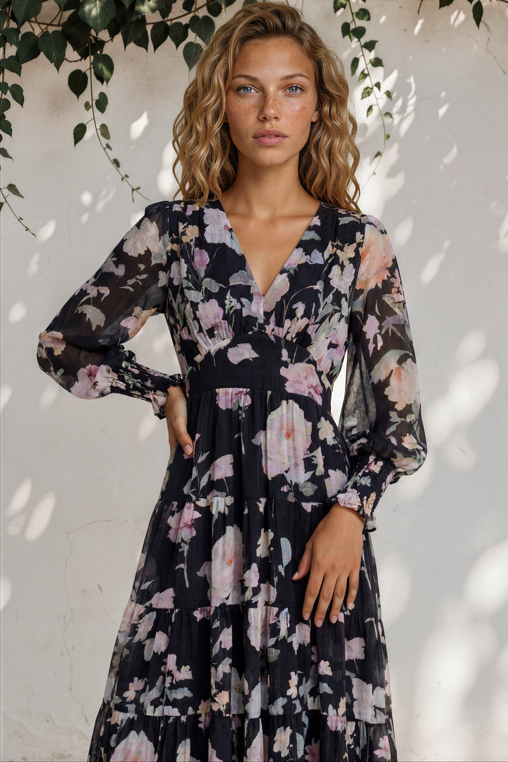Trina Maxi Dress - Deep V Neck Tiered A-Line Dress with Balloon Sleeves in Bronson Print