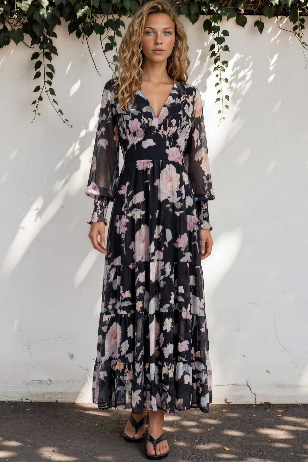 Trina Maxi Dress - Deep V Neck Tiered A-Line Dress with Balloon Sleeves in Bronson Print