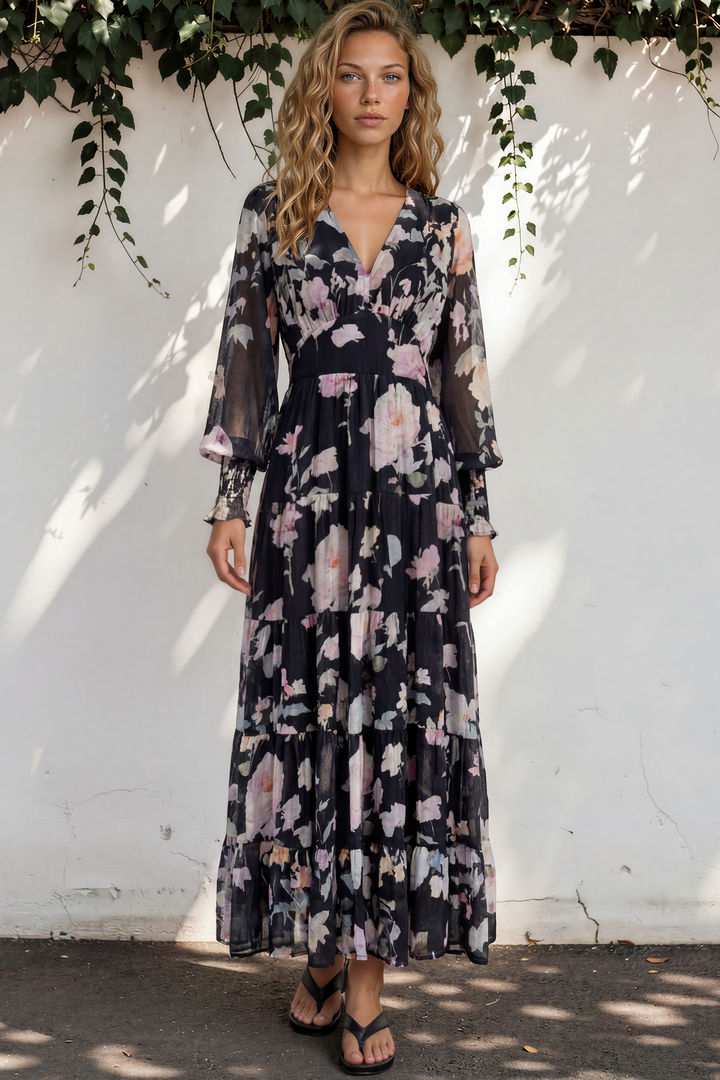 Trina Maxi Dress - Deep V Neck Tiered A-Line Dress with Balloon Sleeves in Bronson Print
