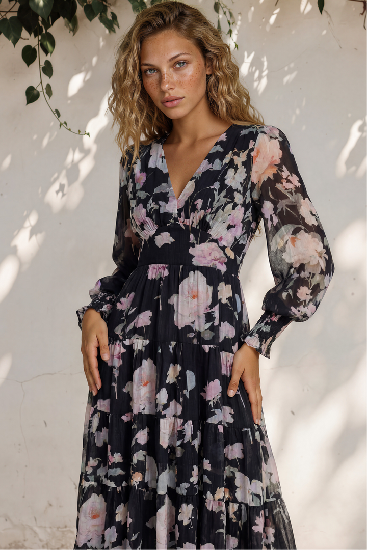 Trina Maxi Dress - Deep V Neck Tiered A-Line Dress with Balloon Sleeves in Bronson Print