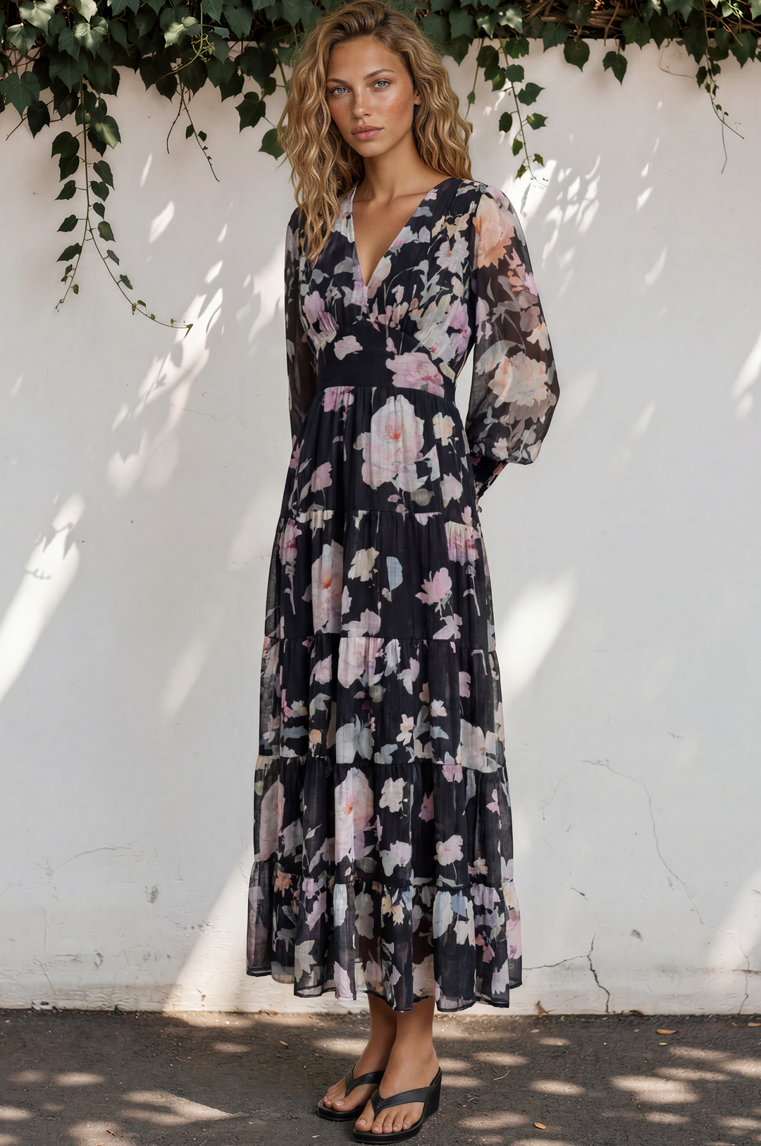 Trina Maxi Dress - Deep V Neck Tiered A-Line Dress with Balloon Sleeves in Bronson Print