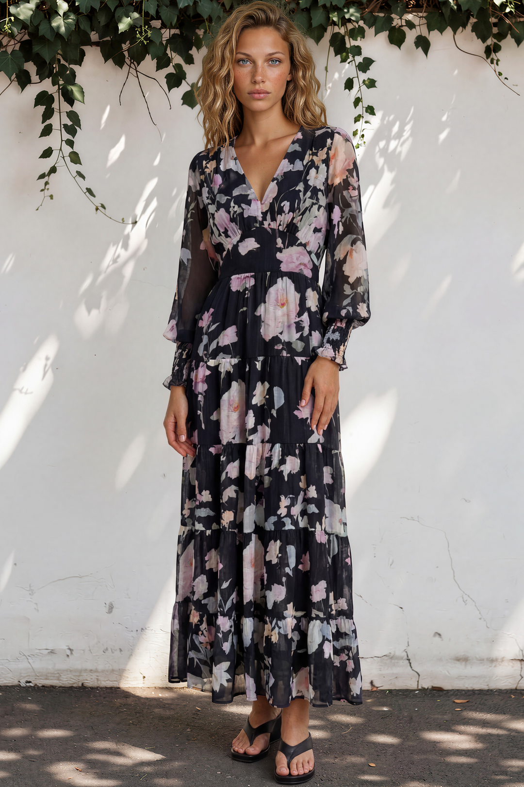 Trina Maxi Dress - Deep V Neck Tiered A-Line Dress with Balloon Sleeves in Bronson Print
