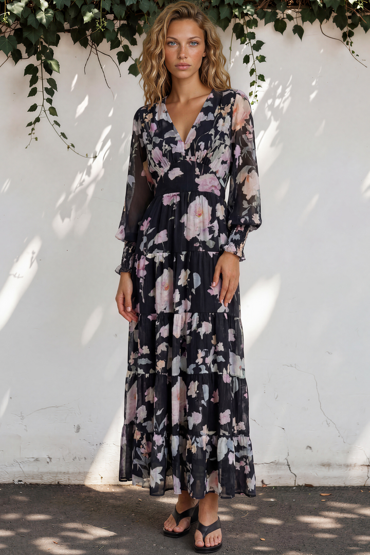 Trina Maxi Dress - Deep V Neck Tiered A-Line Dress with Balloon Sleeves in Bronson Print