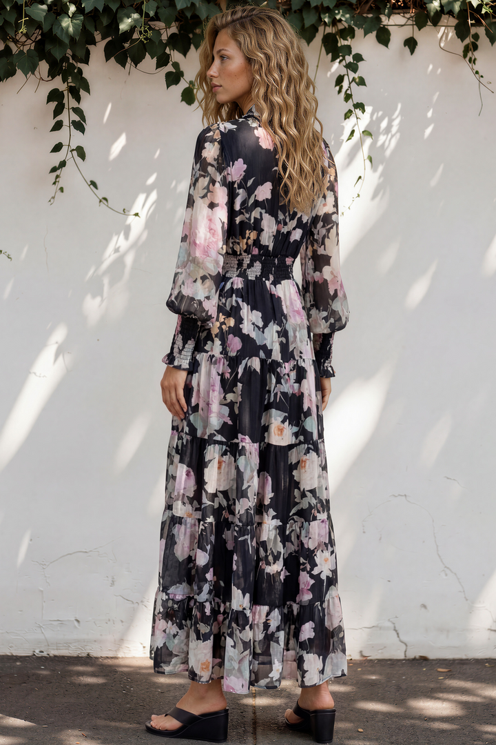 Trina Maxi Dress - Deep V Neck Tiered A-Line Dress with Balloon Sleeves in Bronson Print