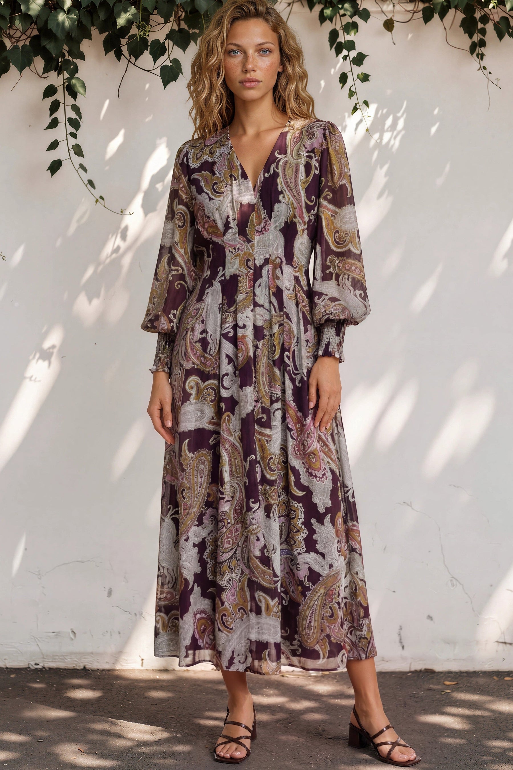 Vinia Maxi Dress - V Neckline Dress with Long Balloon Sleeves in Woodstock Print