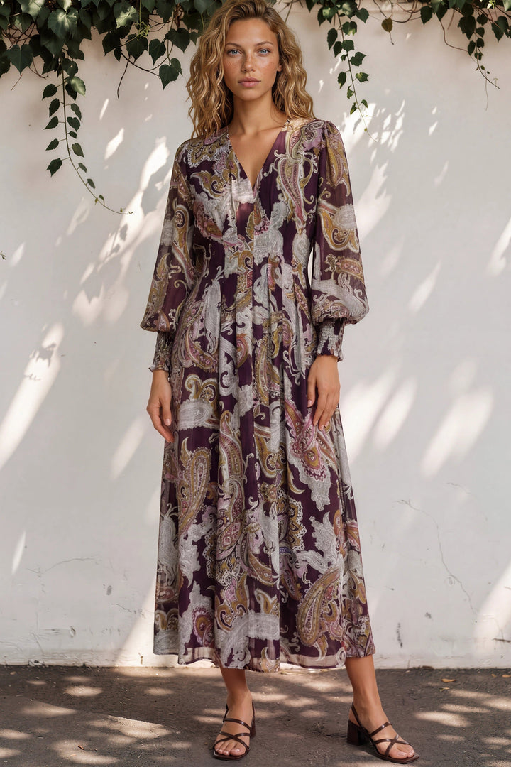 Vinia Maxi Dress - V Neckline Dress with Long Balloon Sleeves in Woodstock Print