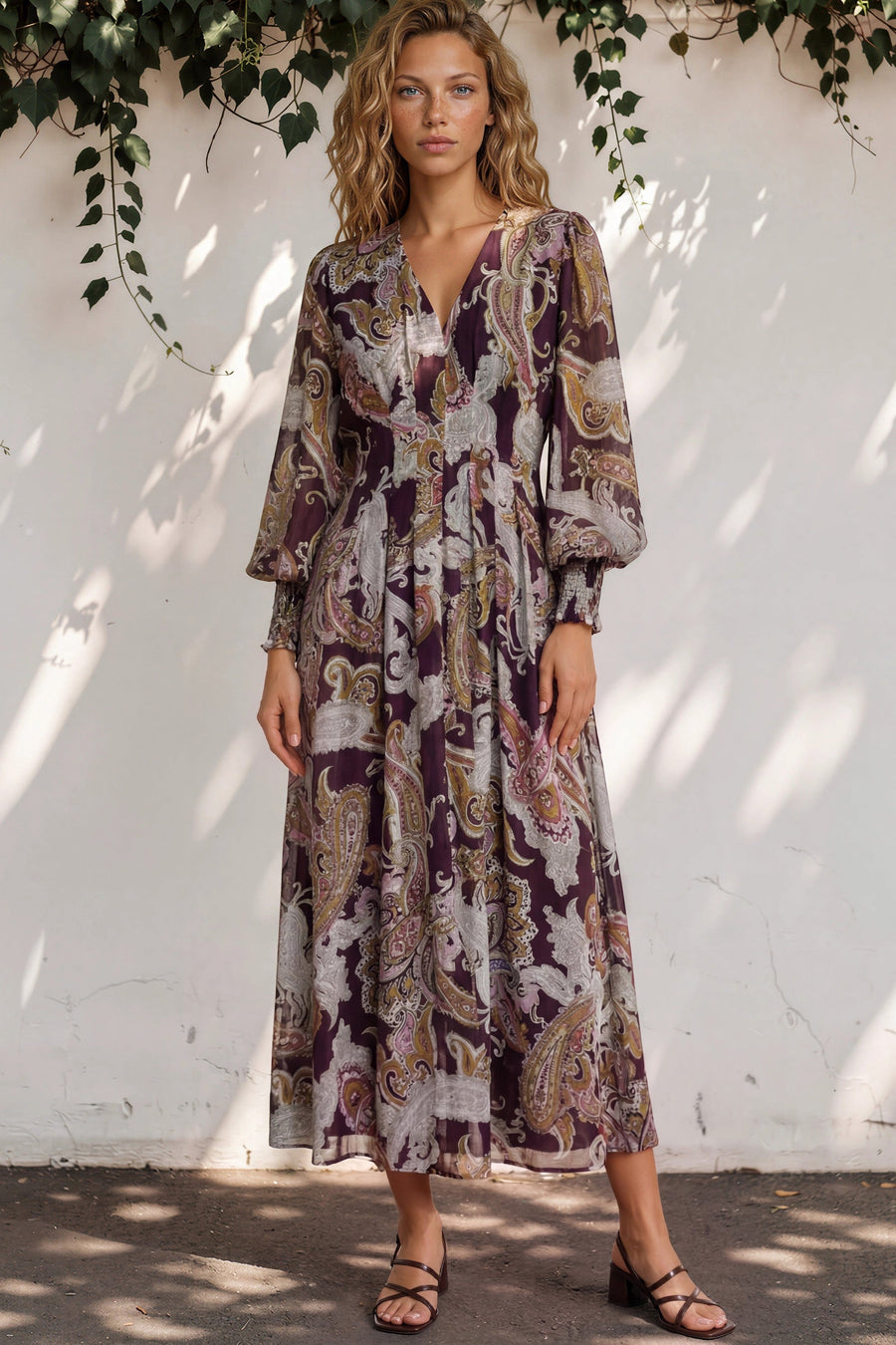Vinia Maxi Dress - V Neckline Dress with Long Balloon Sleeves in Woodstock Print