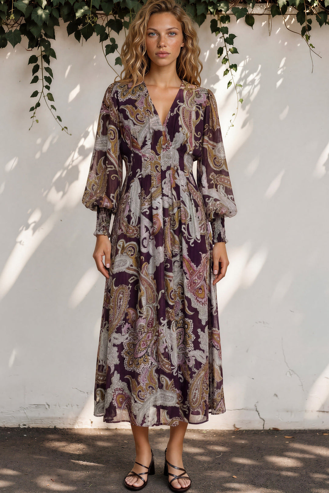Vinia Maxi Dress - V Neckline Dress with Long Balloon Sleeves in Woodstock Print