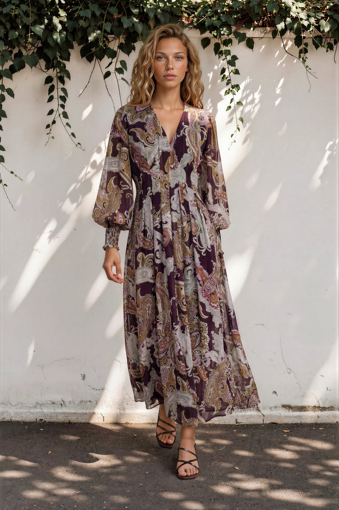 Vinia Maxi Dress - V Neckline Dress with Long Balloon Sleeves in Woodstock Print