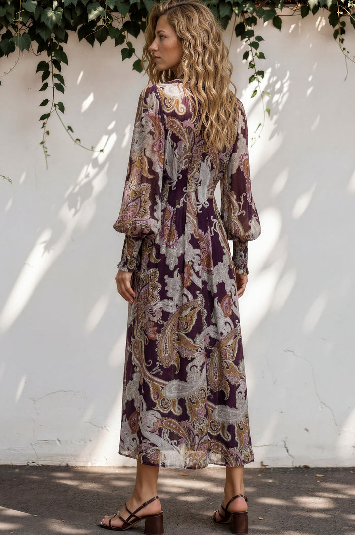 Vinia Maxi Dress - V Neckline Dress with Long Balloon Sleeves in Woodstock Print