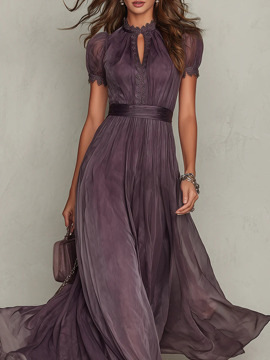 Flavia | Long purple dress with keyhole neckline, chiffon lace trim