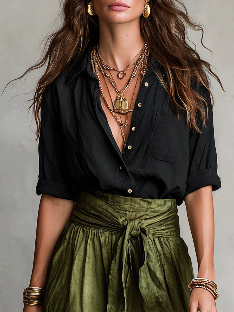 Vera – Two-Piece Set: Black T-Shirt and Olive Green Midi Skirt