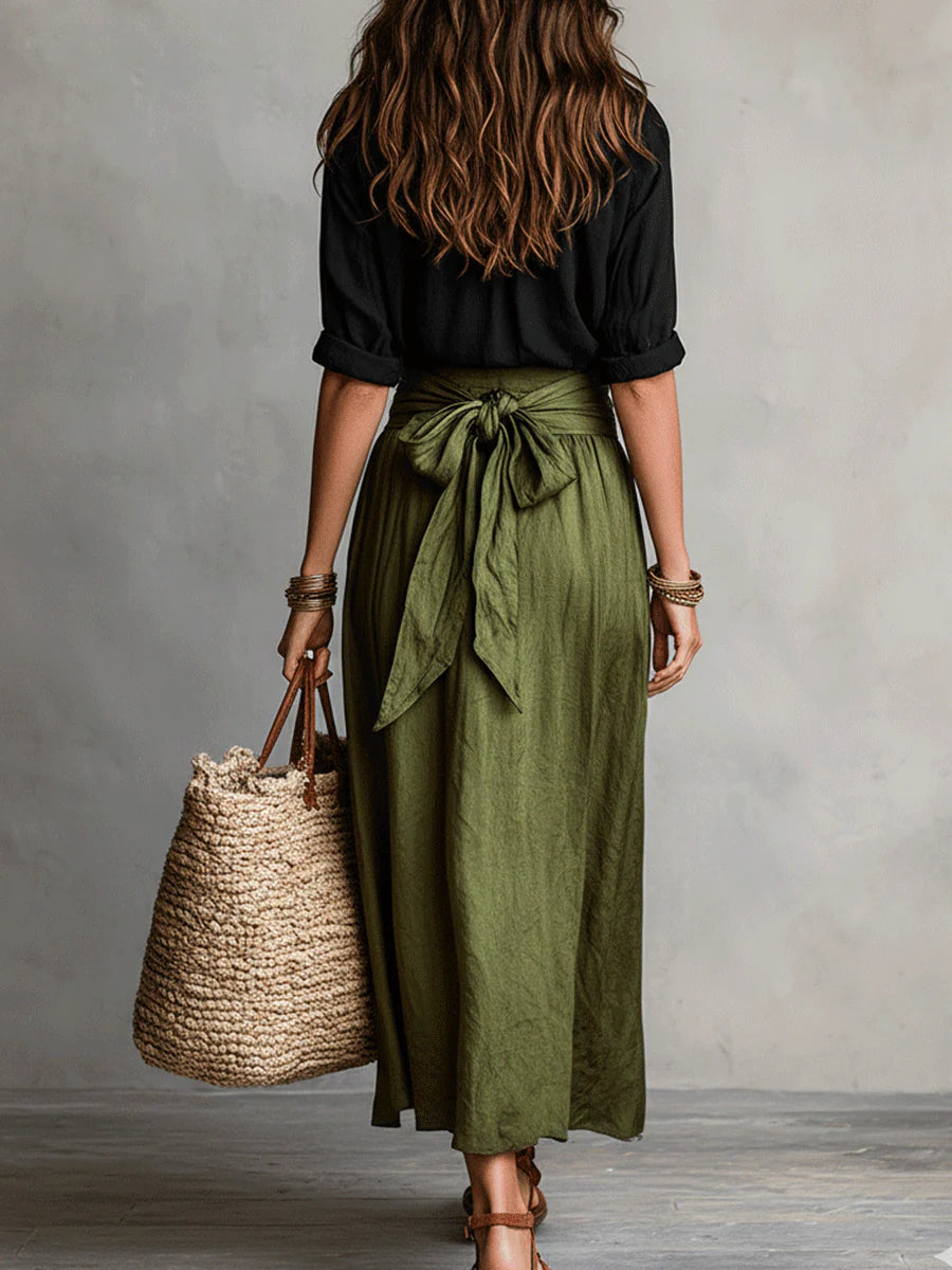 Vera – Two-Piece Set: Black T-Shirt and Olive Green Midi Skirt