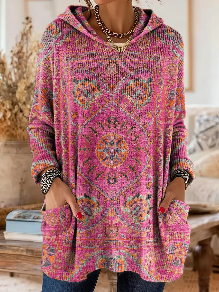 Maya | Retro Ethnic Print Hooded Knit Tunic with Pockets