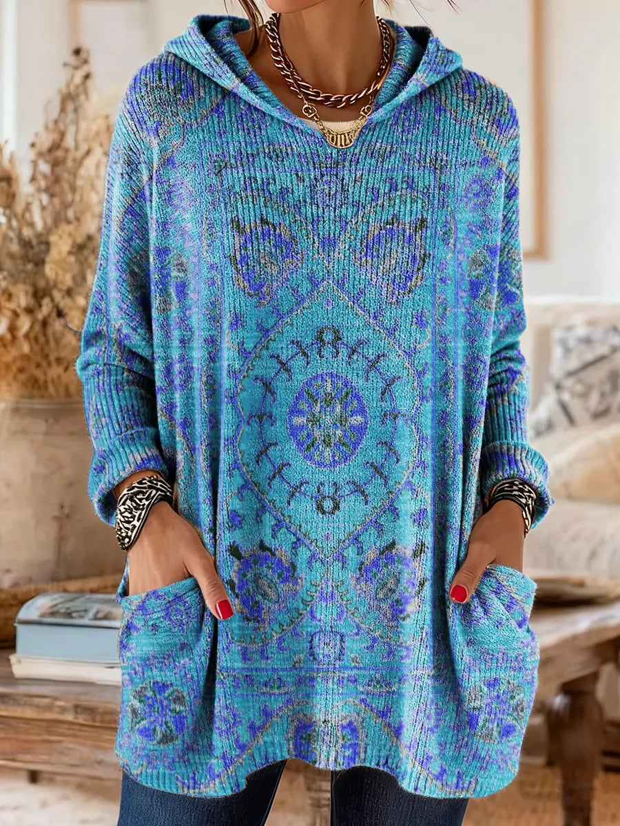 Maya | Retro Ethnic Print Hooded Knit Tunic with Pockets