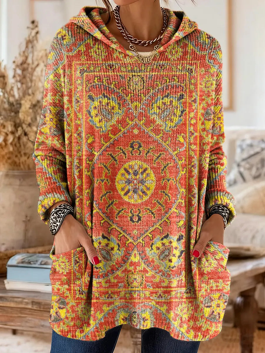 Maya | Retro Ethnic Print Hooded Knit Tunic with Pockets