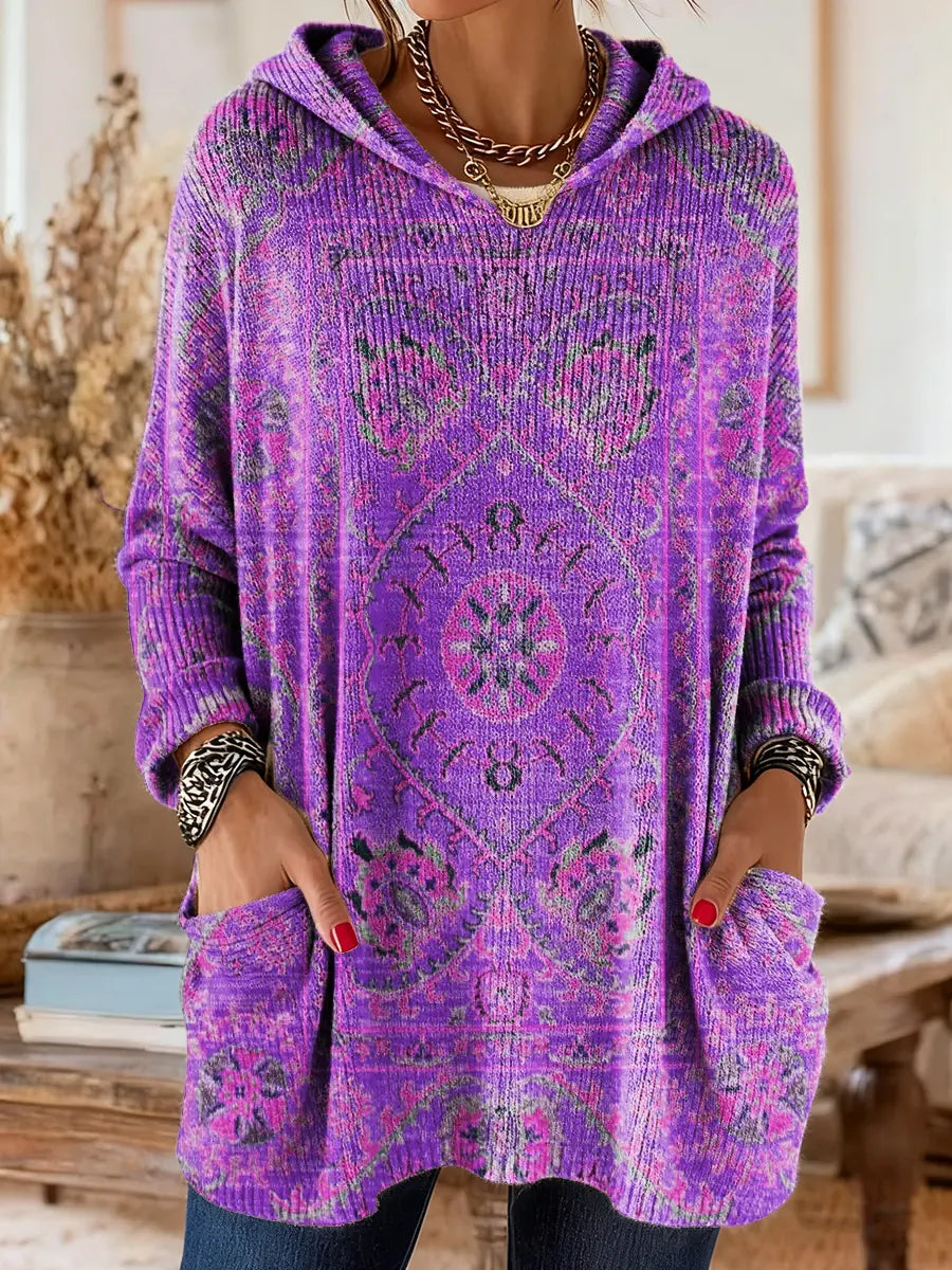 Maya | Retro Ethnic Print Hooded Knit Tunic with Pockets