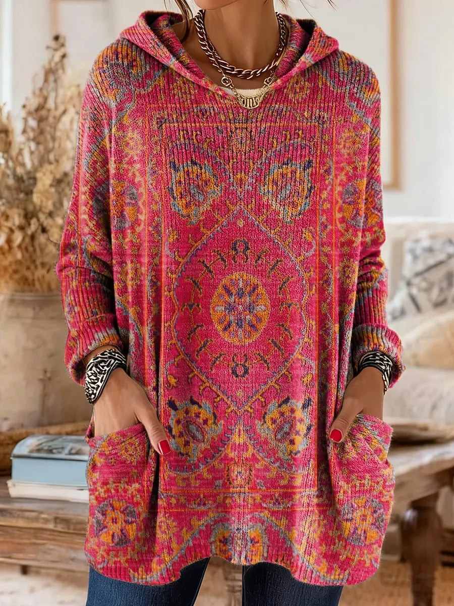 Maya | Retro Ethnic Print Hooded Knit Tunic with Pockets