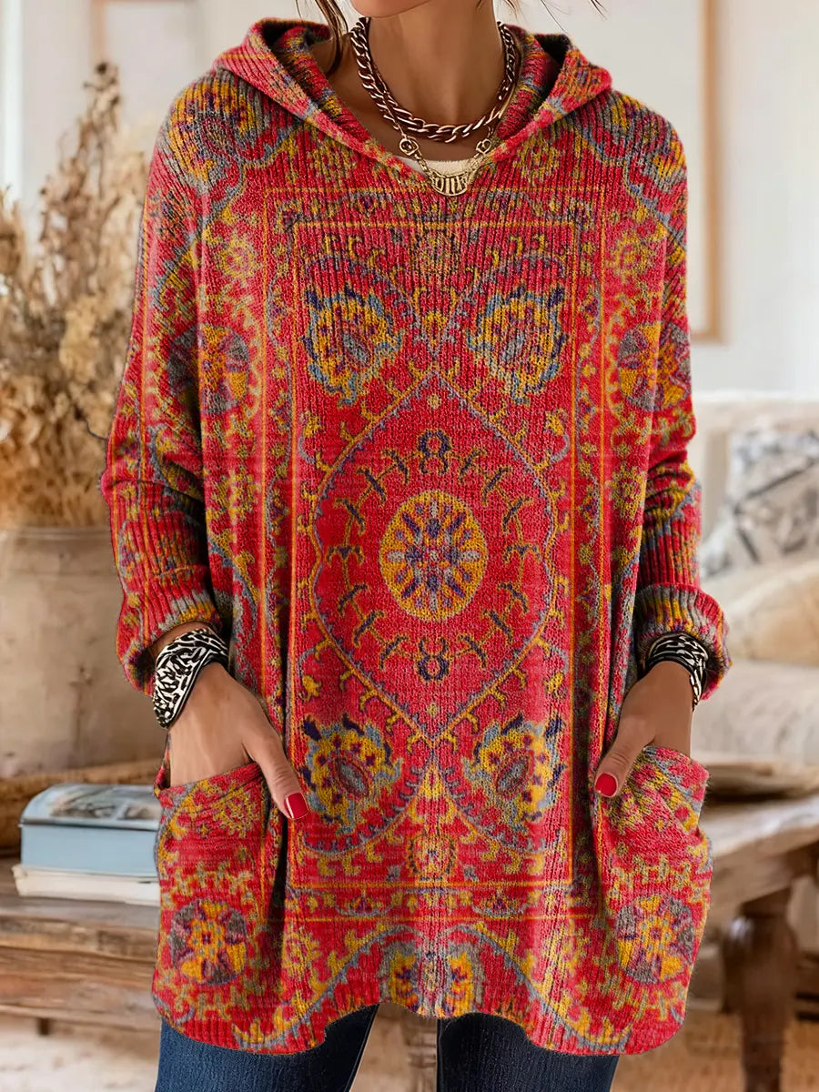 Maya | Retro Ethnic Print Hooded Knit Tunic with Pockets