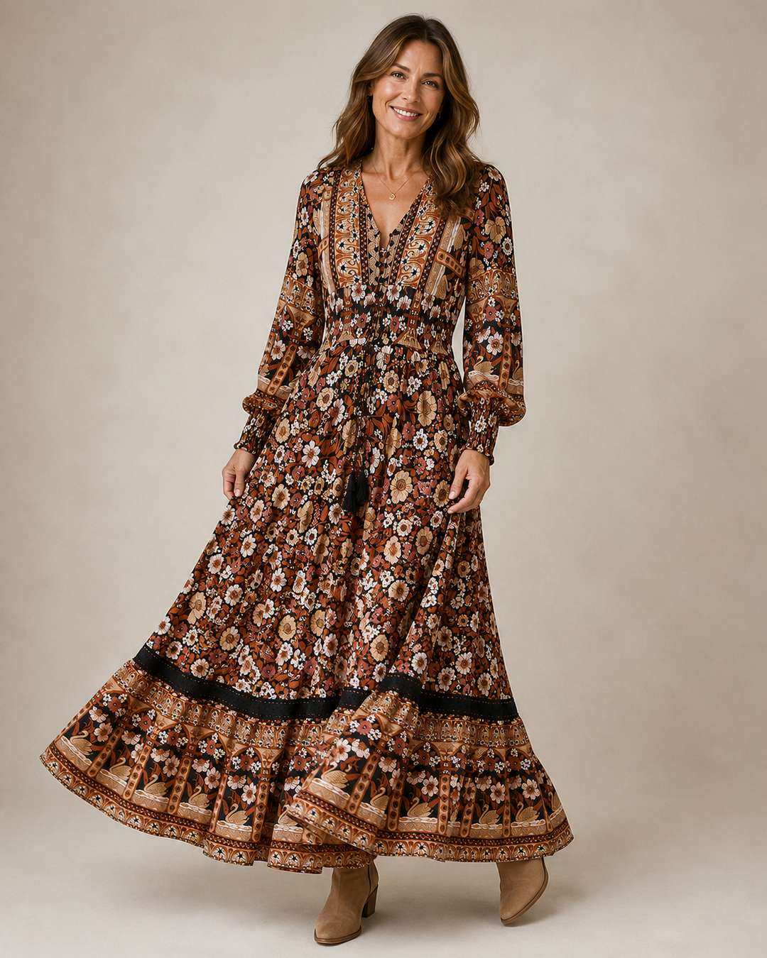 jaase long sleeve dress Jaase Boho Large Floral High Low Tiered Flowy Artsy Long Sleeve Dress Orange